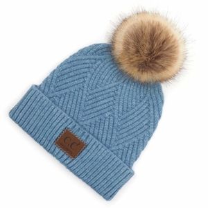 C.C Pom Leather Patch Beanie Steel Blue Mix